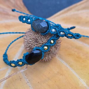 Bracelet micro-macramé vagues Obsidienne dorée personnalisable